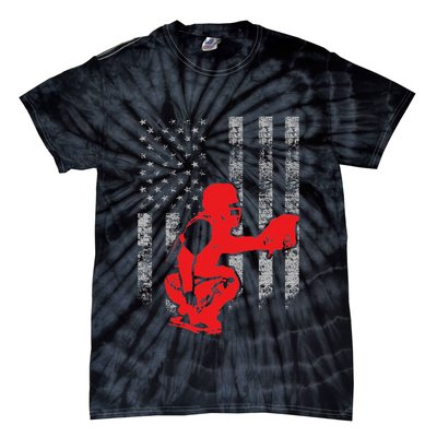 Baseball Catcher On American Flag Baseball Catcher Flag Tie-Dye T-Shirt