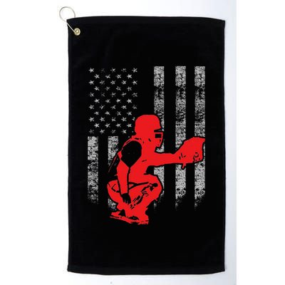 Baseball Catcher On American Flag Baseball Catcher Flag Golf Towel