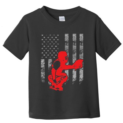 Baseball Catcher On American Flag Baseball Catcher Flag Toddler T-Shirt