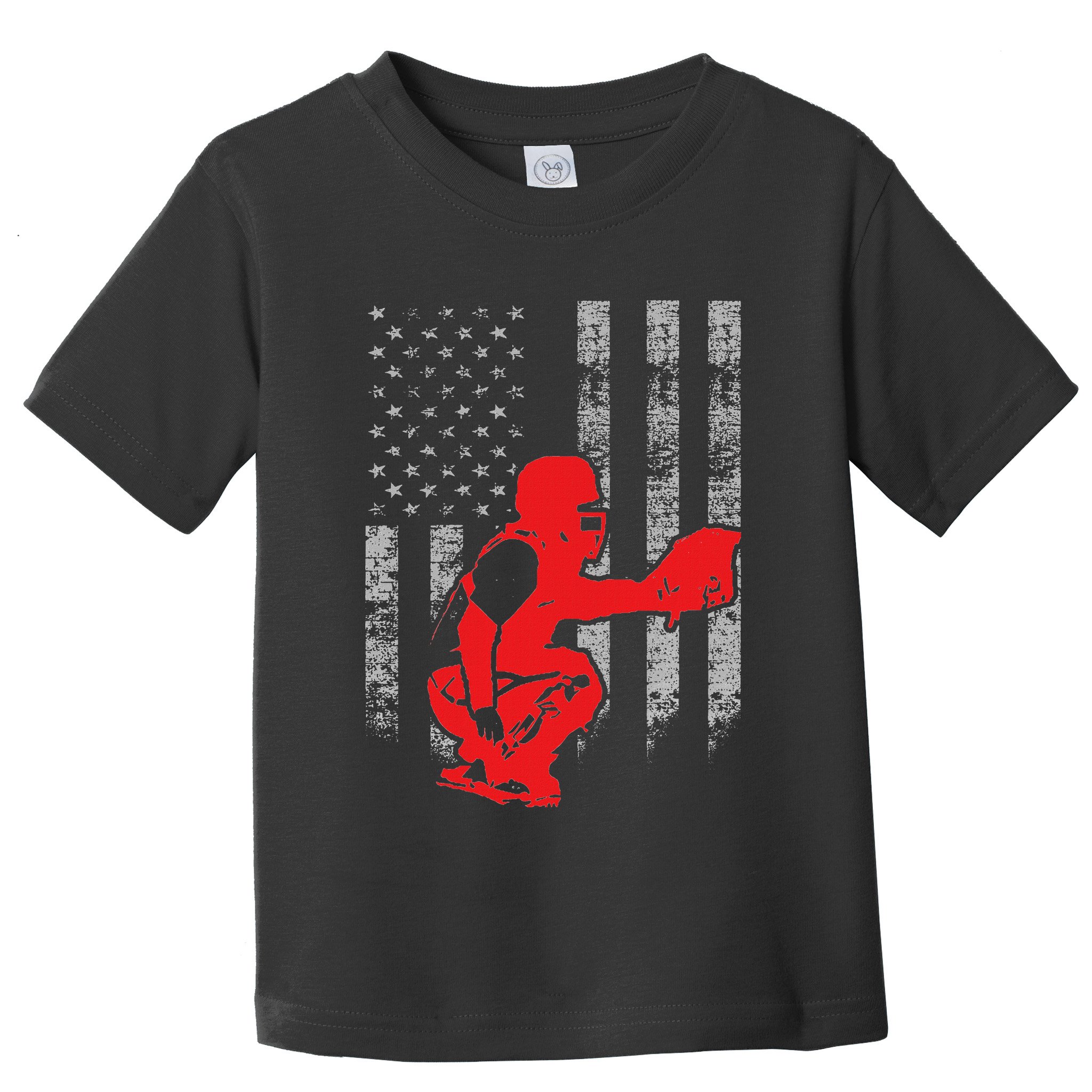 Baseball Catcher On American Flag Baseball Catcher Flag Toddler T-Shirt