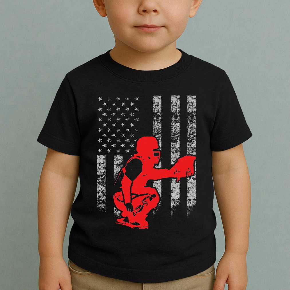 Baseball Catcher On American Flag Baseball Catcher Flag Toddler T-Shirt