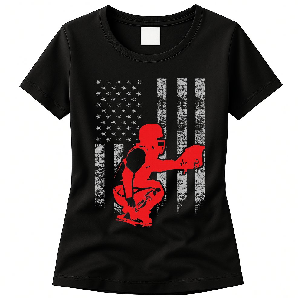 Baseball Catcher On American Flag Baseball Catcher Flag Womens T-Shirt