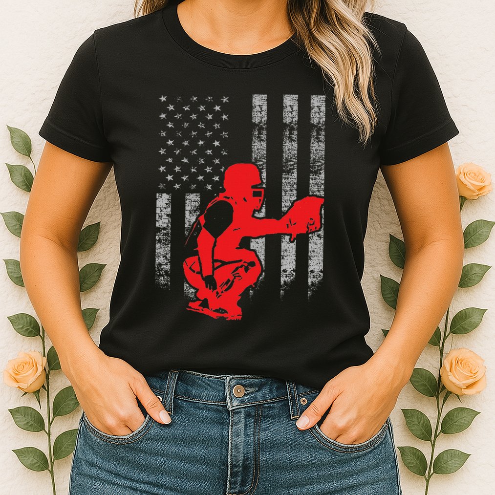 Baseball Catcher On American Flag Baseball Catcher Flag Womens T-Shirt