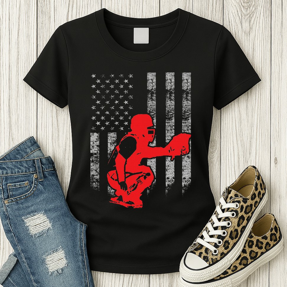 Baseball Catcher On American Flag Baseball Catcher Flag Womens T-Shirt