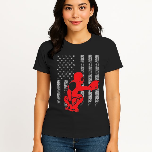 Baseball Catcher On American Flag Baseball Catcher Flag Womens T-Shirt