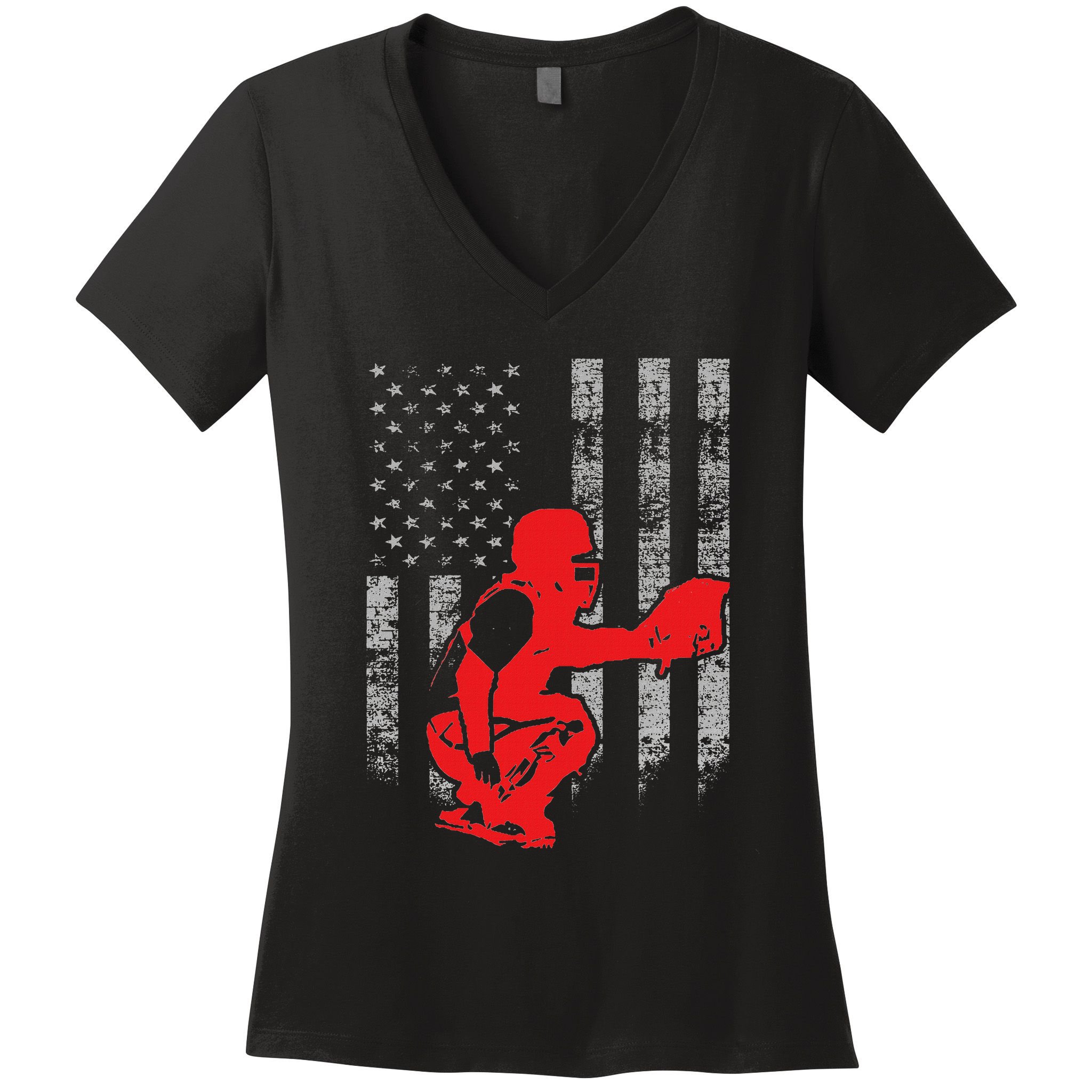 Baseball Catcher On American Flag Baseball Catcher Flag Women's V-Neck T-Shirt