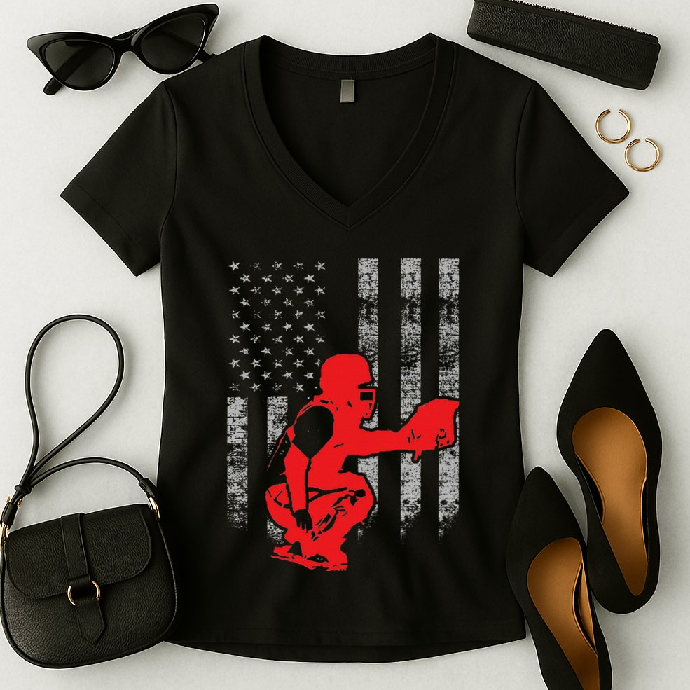 Baseball Catcher On American Flag Baseball Catcher Flag Women's V-Neck T-Shirt