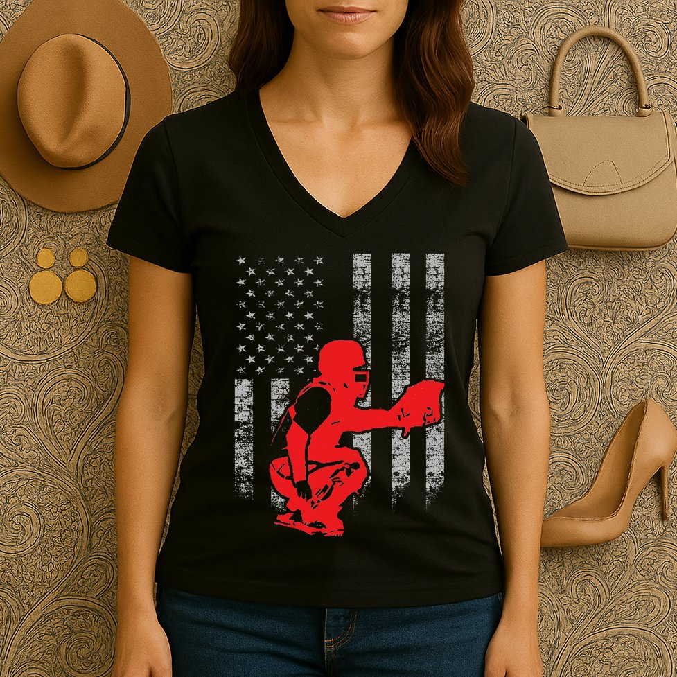 Baseball Catcher On American Flag Baseball Catcher Flag Women's V-Neck T-Shirt
