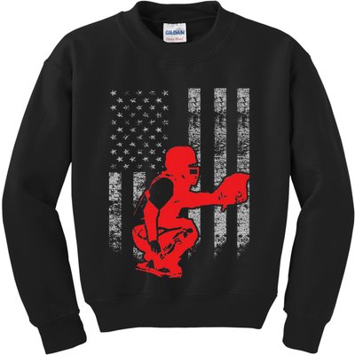 Baseball Catcher On American Flag Baseball Catcher Flag Kids Sweatshirt