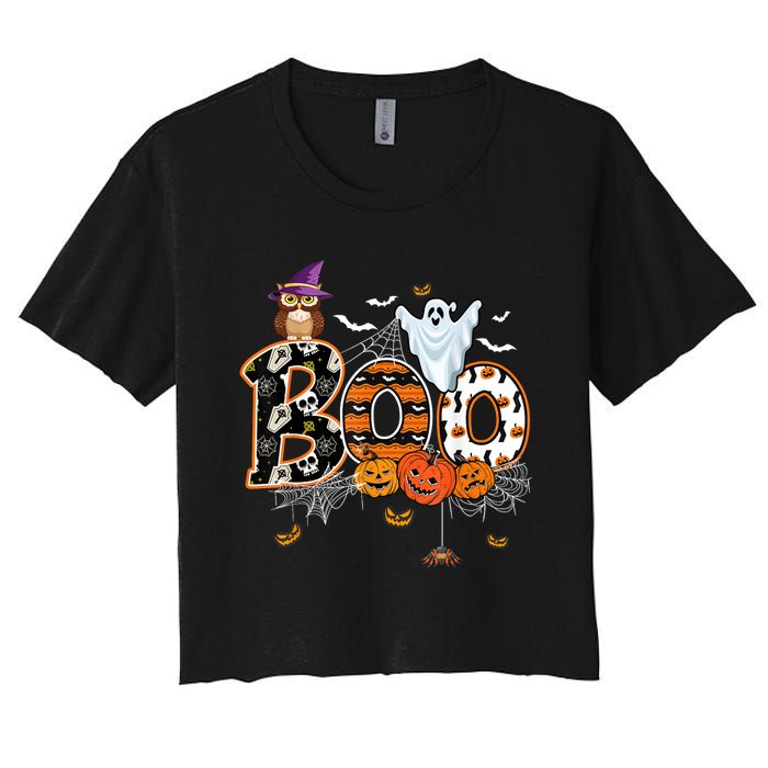 Boo Creepy Owl Pumpkin Ghost Funny Halloween Costume Women's Crop Top Tee