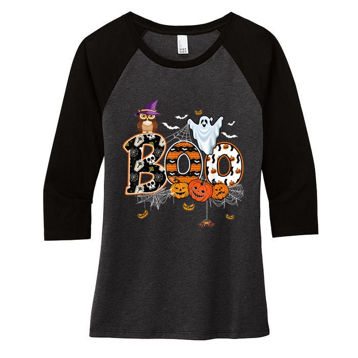 Boo Creepy Owl Pumpkin Ghost Funny Halloween Costume Women's Tri-Blend 3/4-Sleeve Raglan Shirt