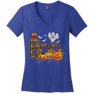 Boo Creepy Owl Pumpkin Ghost Funny Halloween Costume Women's V-Neck T-Shirt