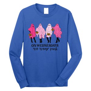 Breast Cancer On Wednesday We Wear Pink Ghost Halloween Long Sleeve Shirt