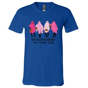 Breast Cancer On Wednesday We Wear Pink Ghost Halloween V-Neck T-Shirt