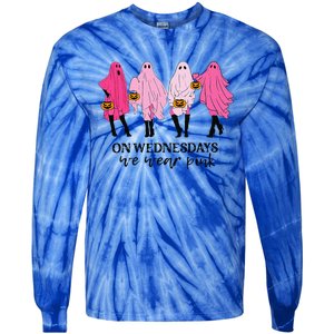 Breast Cancer On Wednesday We Wear Pink Ghost Halloween Tie-Dye Long Sleeve Shirt