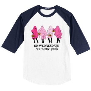 Breast Cancer On Wednesday We Wear Pink Ghost Halloween Baseball Sleeve Shirt