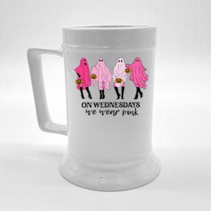 Breast Cancer On Wednesday We Wear Pink Ghost Halloween Beer Stein