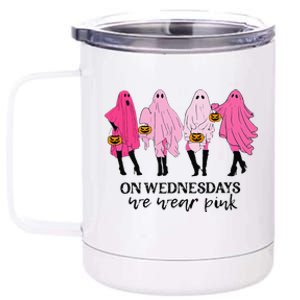 Breast Cancer On Wednesday We Wear Pink Ghost Halloween 12 oz Stainless Steel Tumbler Cup