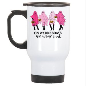 Breast Cancer On Wednesday We Wear Pink Ghost Halloween Stainless Steel Travel Mug