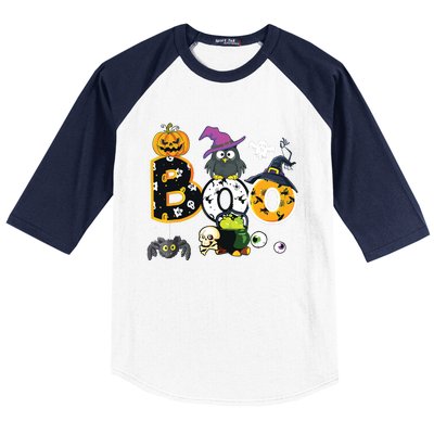 Boo Creepy Owl Pumpkin Ghost Halloween Kids Baseball Sleeve Shirt