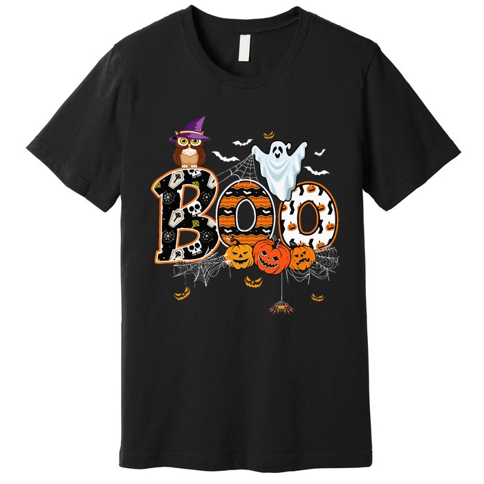 Boo Creepy Owl Pumpkin Ghost Funny Halloween Costume Premium T-Shirt