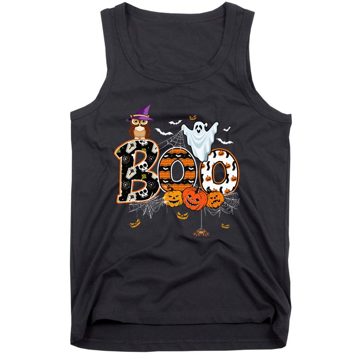 Boo Creepy Owl Pumpkin Ghost Funny Halloween Costume Tank Top