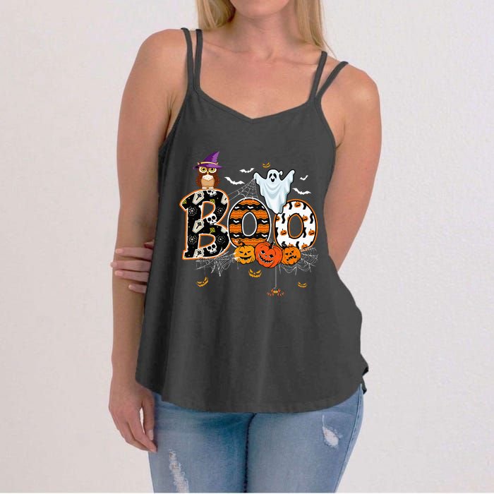 Boo Creepy Owl Pumpkin Ghost Funny Halloween Costume Women's Strappy Tank