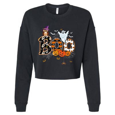 Boo Creepy Owl Pumpkin Ghost Funny Halloween Costume Cropped Pullover Crew