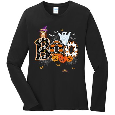 Boo Creepy Owl Pumpkin Ghost Funny Halloween Costume Ladies Long Sleeve Shirt