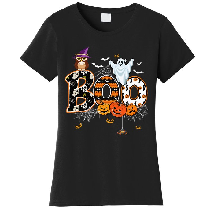 Boo Creepy Owl Pumpkin Ghost Funny Halloween Costume Women's T-Shirt