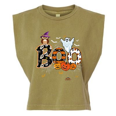 Boo Creepy Owl Pumpkin Ghost Funny Halloween Costume Garment-Dyed Women's Muscle Tee