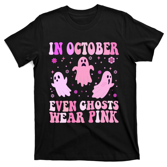 Breast Cancer October Even Ghost Wear Pink Groovy Halloween T-Shirt