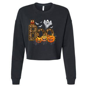 Boo Creepy Owl Pumpkin Ghost Funny Halloween Costume Cropped Pullover Crew