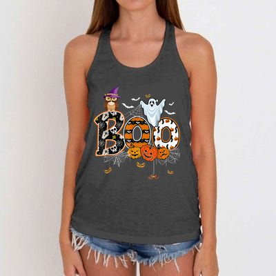 Boo Creepy Owl Pumpkin Ghost Funny Halloween Costume Spooky Women's Knotted Racerback Tank