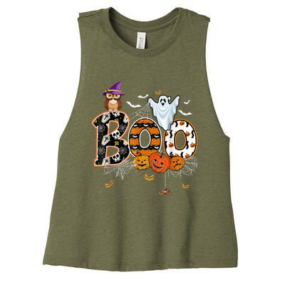 Boo Creepy Owl Pumpkin Ghost Funny Halloween Costume Spooky Women's Racerback Cropped Tank