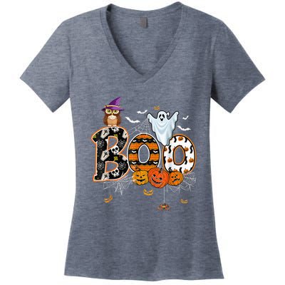 Boo Creepy Owl Pumpkin Ghost Funny Halloween Costume Spooky Women's V-Neck T-Shirt