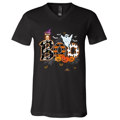 Boo Creepy Owl Pumpkin Ghost Funny Halloween Costume V-Neck T-Shirt