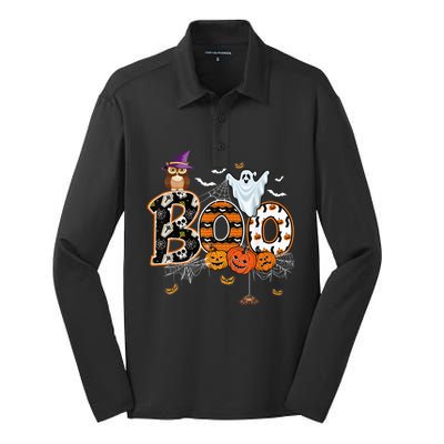 Boo Creepy Owl Pumpkin Ghost Funny Halloween Costume Silk Touch Performance Long Sleeve Polo