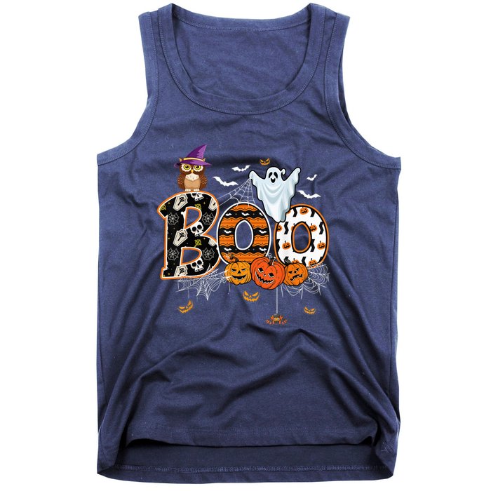 Boo Creepy Owl Pumpkin Ghost Funny Halloween Costume Tank Top