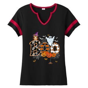 Boo Creepy Owl Pumpkin Ghost Funny Halloween Costume Ladies Halftime Notch Neck Tee