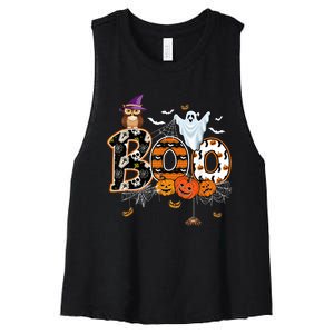 Boo Creepy Owl Pumpkin Ghost Funny Halloween Costume Women's Racerback Cropped Tank