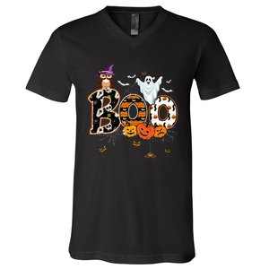 Boo Creepy Owl Pumpkin Ghost Funny Halloween Costume V-Neck T-Shirt