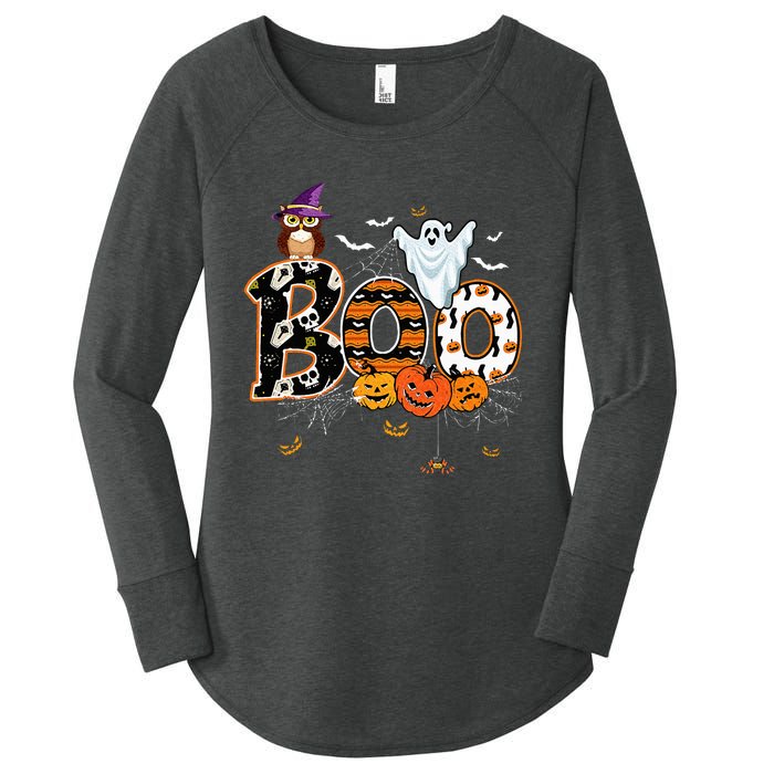 Boo Creepy Owl Pumpkin Ghost Funny Halloween Costume Women's Perfect Tri Tunic Long Sleeve Shirt