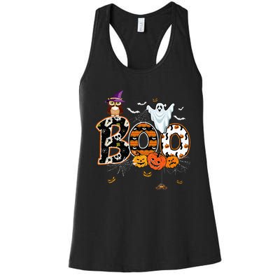 Boo Creepy Owl Pumpkin Ghost Funny Halloween Costume Women's Racerback Tank