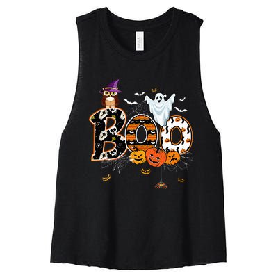 Boo Creepy Owl Pumpkin Ghost Funny Halloween Costume Women's Racerback Cropped Tank