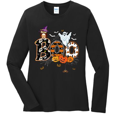 Boo Creepy Owl Pumpkin Ghost Funny Halloween Costume Ladies Long Sleeve Shirt