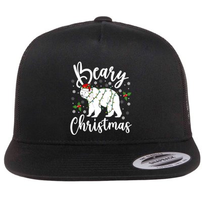 Beary Christmas Polar Bear Santa Hat Lights Snowflakes Xmas Gift Flat Bill Trucker Hat