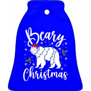 Beary Christmas Polar Bear Santa Hat Lights Snowflakes Xmas Gift Ceramic Bell Ornament