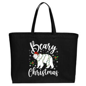 Beary Christmas Polar Bear Santa Hat Lights Snowflakes Xmas Gift Cotton Canvas Jumbo Tote