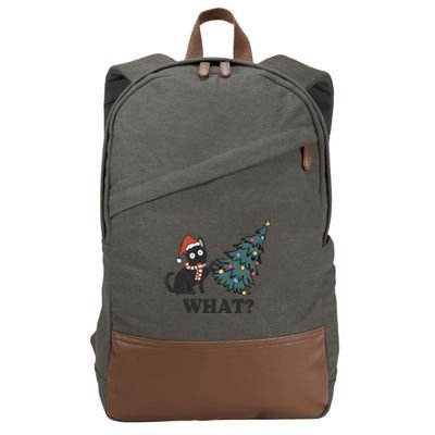 Black Cat Pushing Christmas Tree Over Cat What Christmas Cotton Canvas Backpack